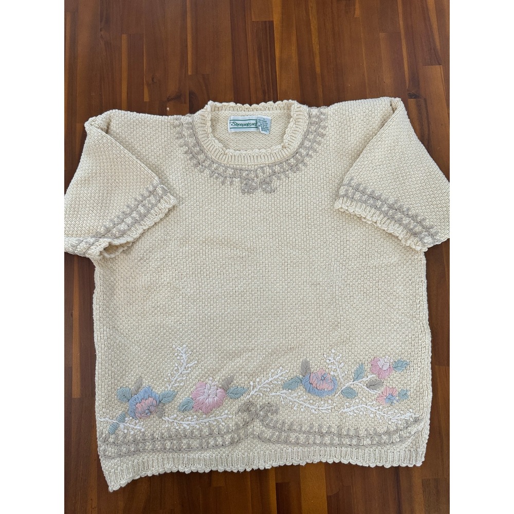 Shenanigans Floral Embroidered Sweater Womens L Cream Grandma Coree Vintage 90s
